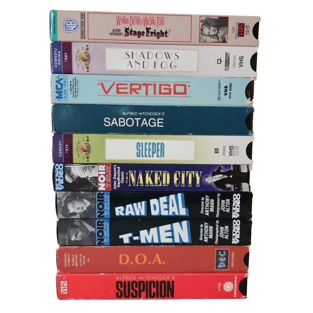 Hitchcock VHS Lot 10 B&W Sabotage Psycho Vertigo Suspicion Film Noir Woody Allen